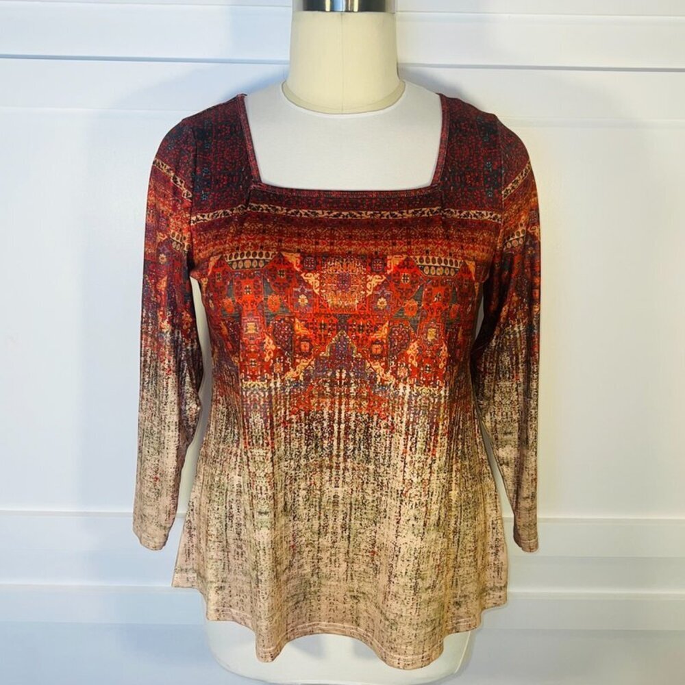 Women's XXL Blouse Square Neck Persian Carpet Print 3/4 Sleeve Flare Hem
